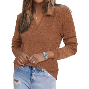INSPIRE CHIC Women's Lapel Collar Polo V Neck Long Sleeve Pullover Knitted Blouse - 1 of 4