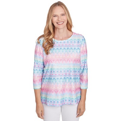 Alfred Dunner Womens Geometric Crewneck Biadere Top
