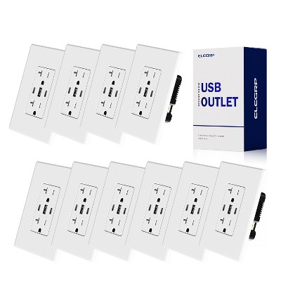 ELEGRP 30W 6.0 Amp 3-Port USB Wall Outlet, 20A Duplex Receptacle with Dual Type C & A Ports,UL Listed, w/Wall Plate,Matte White 10PC