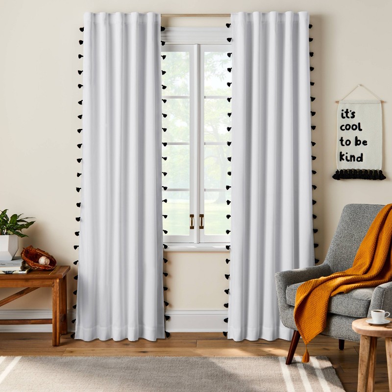 Pillowfort Tassel Kids' Blackout Window Curtain Panel — White / Black, 42 in × 84 in single-panel listing; two-panel purchase