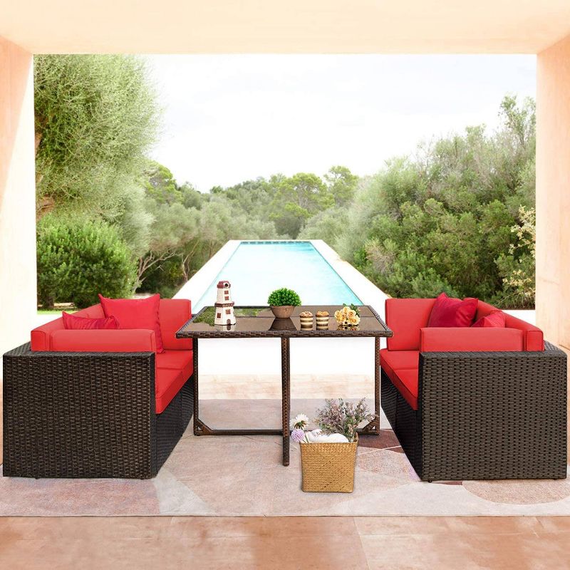 5pc Outdoor Conversation Set with Wicker Sectional Sofa & Tempered Glass Table - Devoko
, 2 of 5