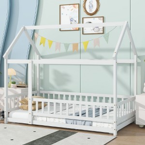 Grungis Twin Size Floor Bed for Kids with House Roof Frame,Modern Toddler Bed with Guardrails,Montessori Bed for Bedroom - 1 of 4
