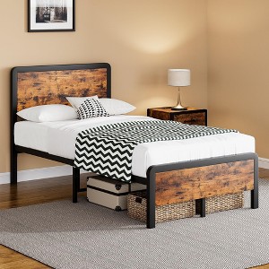 Garvee Twin/Full/Queen Wood Bed, Rustic Headboard, Underbed Storage, Heavy Duty Frame, Noise-Free, Easy Assembly, Rustic Brown - 1 of 4