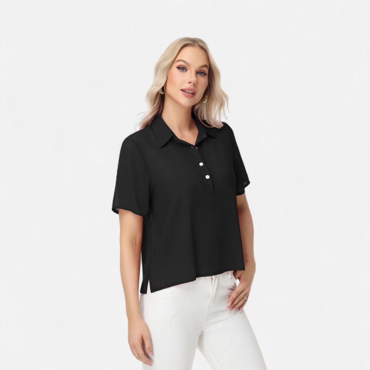 Anna-Kaci Women's Short Sleeve Collared Blouse with Button Placket and Relaxed Fit Design - thumbnail 3