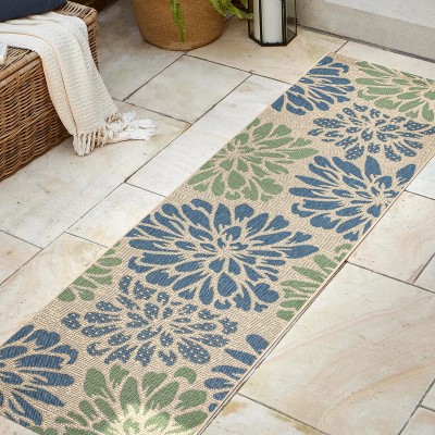 Navy & Green Zinnia Floral Textured Weave 2'x8' Indoor/Outdoor Rug