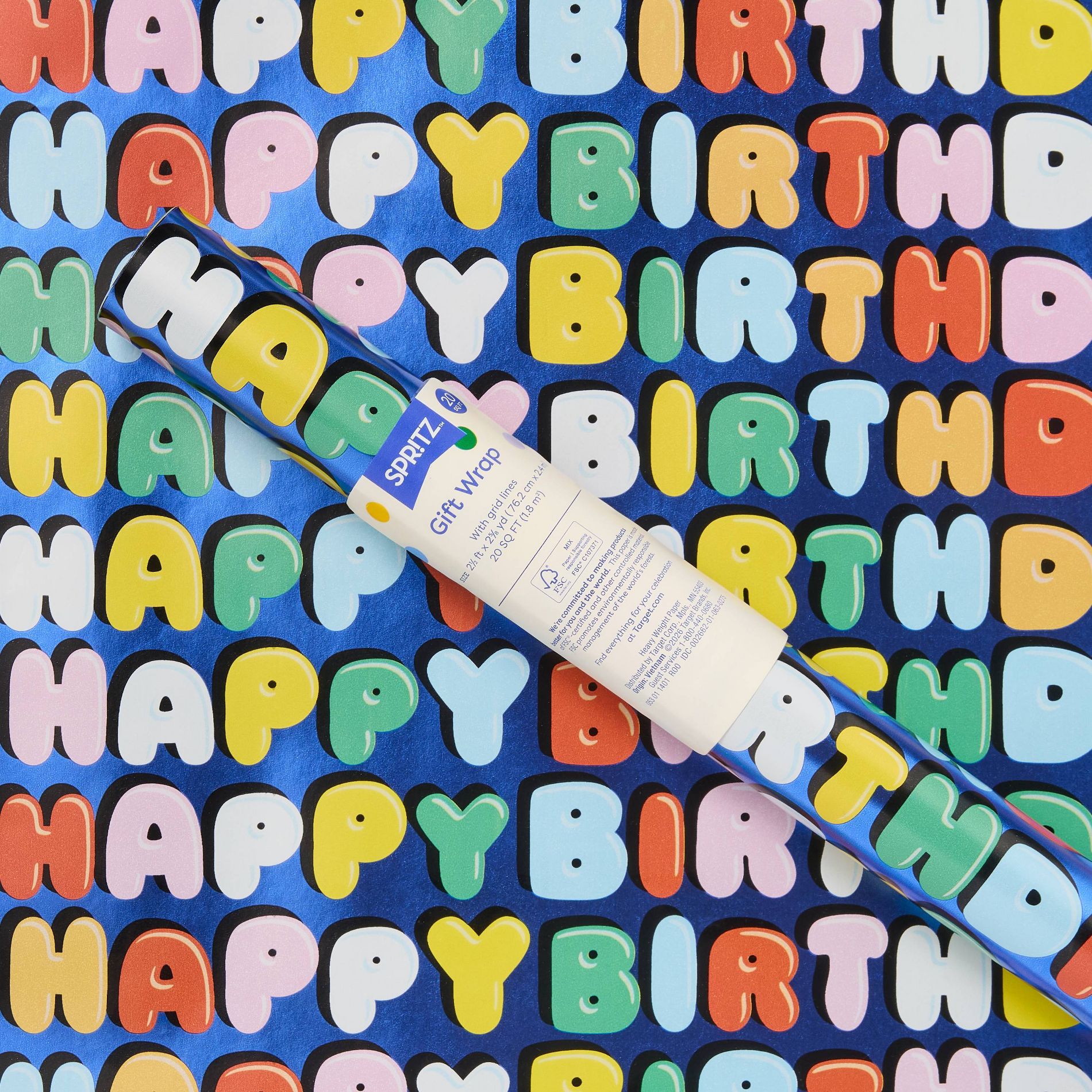 96"x30" 'Happy Birthday' Bubble Letter Gift Wrapping Paper Colorful - Spritz™