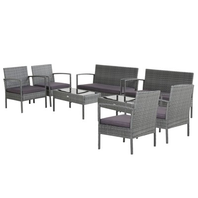 Tangkula Patio Rattan 4PCS/8PCS Cushioned Chair Side Table Classic Furniture Set Bistro Set Single Sofa Thick Cushion Loveseat for Garden Grey