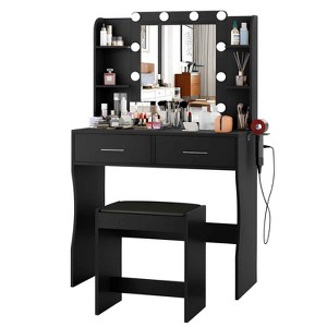 FDW Vanity Desk Makeup Vanity With Large Mirror And 3 Color Light Options Dressing Table Set With Adjustable Power Strip hair dryer holder 2 Drawers - 1 of 4