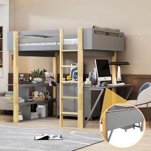 Twin Size Wood Loft Bed With Built-in Storage Cabinet and Cubes - 1 of 4