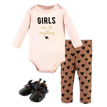Hudson Baby Infant Girl Cotton Bodysuit, Pant and Shoe Set, Cinnamon Hearts Long Sleeve
