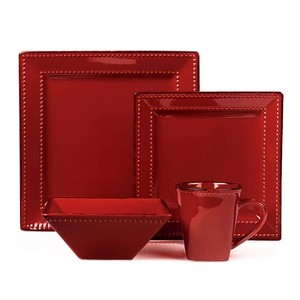 Lorren Home Trends 16 Piece Square Beaded Stoneware Dinnerware set, service for 4, Red - 1 of 4