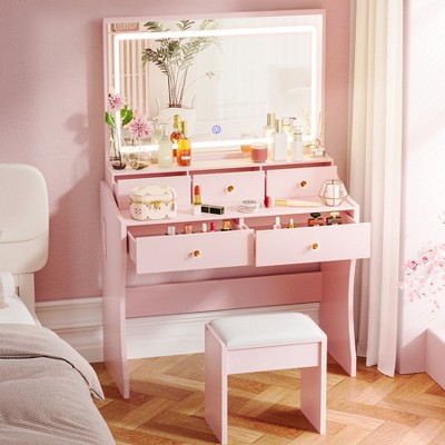 COMHOMA Vanity Desk with Mirror and Lights, Makeup Vanity Table and Chair Set, 5 Drawers, 3 Color Modes