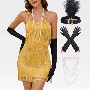 Womens Roaring 20s Costumes Flapper Dress 1920s Gatsby Vintage Fringe Dress with Deco Set Spaghetti Strap Cocktail Dress for Gatsby Theme Party - 1 of 4