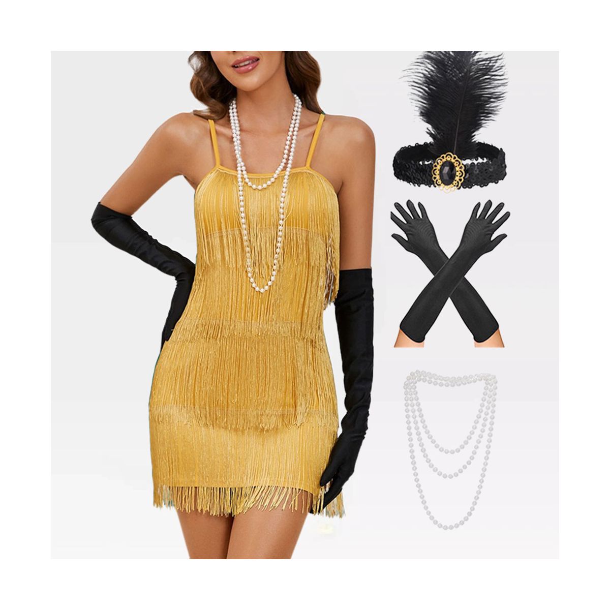 Womens Roaring 20s Costumes Flapper Dress 1920s Gatsby Vintage Fringe Dress with Deco Set Spaghetti Strap Cocktail Dress for Gatsby Theme Party - thumbnail 7