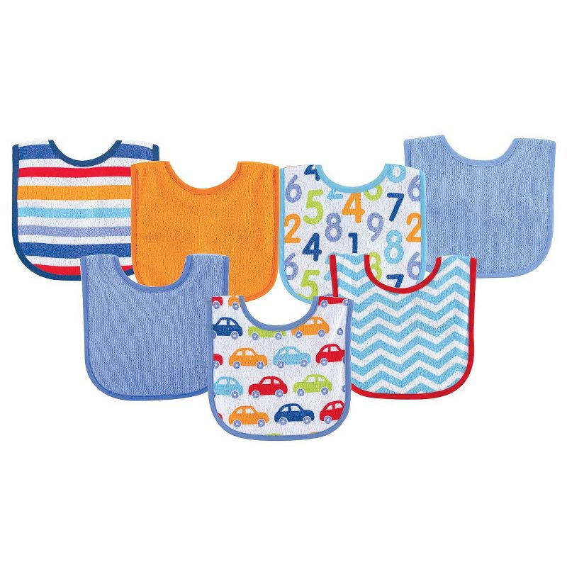 Luvable Friends Baby Boy Cotton Terry Drooler Bibs with PEVA Back 7pk, Blue Car, One Size, 1 of 3