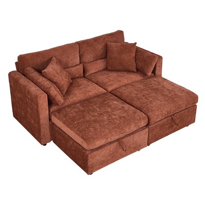 Chenille Upholstered Sectional Sofa, Modern 2-Seat Couch with Right Armrest, 2 Ottomans, Solid Wood & Hardware Feet, Easy Assembly