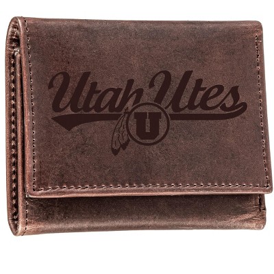 Evergreen NCAA University of Utah Brown Leather Trifold Wallet Officially Licensed with Gift Box