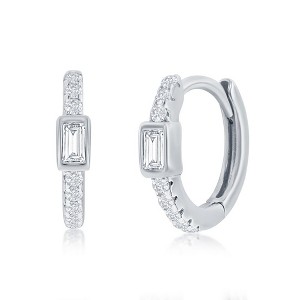 Bella Silver Sterling Silver 11MM Center Rectangle CZ Huggie Hoop Earrings - Silver - 1 of 2
