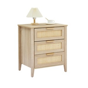 Rattan Night Stand, Farmhouse Nightstand Bedside Table w/3 Drawers, Bedside Table w/Metal Legs, Boho End Side Table Accent Table for Bedroom - 1 of 4