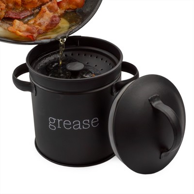 AuldHome Design Enamelware Grease Container w/ Strainer, Rustic Farmhouse Style Kitchen Storage Tin, 3.25 Cup Capacity