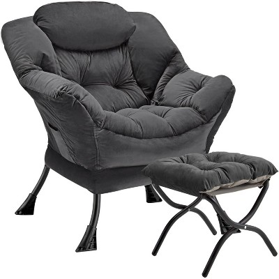Modern Lounge Chair with Ottoman - Oversized Accent Chair with Folding Footrest - Comfortable Reading Chair for Living Room Bedroom - Beige