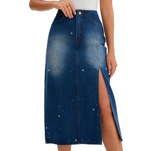 INSPIRE CHIC Women's Denim Casual Side Split A Line Stretchy Pencil High Waist Midi Skirts - 1 of 4