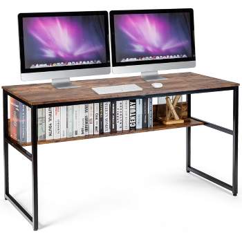 Tangkula 55" Industrial Computer Desk Contemporary Writing Table with Storage Shelf  Coffee/Antique/Natural