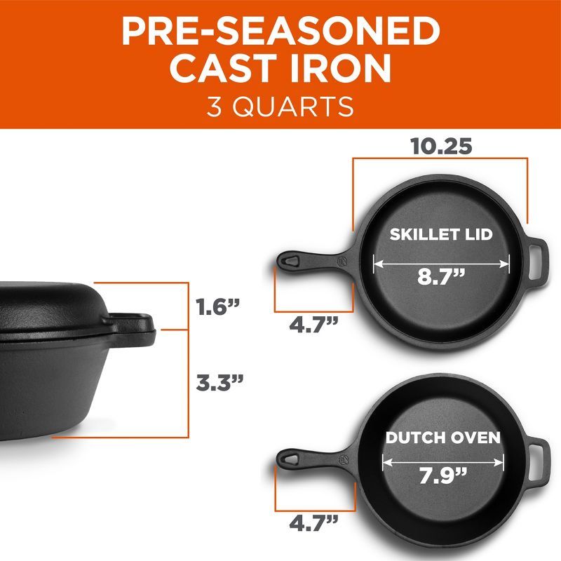 COMMERCIAL CHEF Pre-Seasoned Cast Iron Dutch Oven 3 Quart with Skillet Lid, Black, 3 of 10