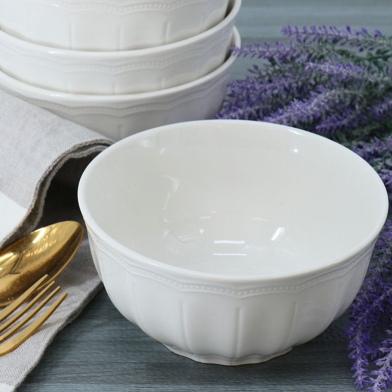 Hometrends Ultra Durable 4 Piece 6 Inch Fine Ceramic Embossed Bowl Set in White, 4 of 5