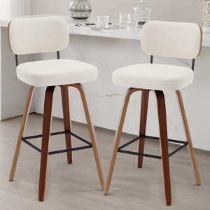 Bekrvio 26"/29" Mid-Century Modern Swivel Bar Stools Set of 1/2/3/4- Faux Leather Upholstered with Back and Bent Wood Legs,Ideal for Kitchen Island - 1 of 4