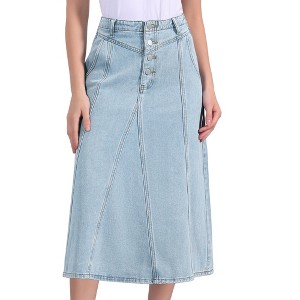INSPIRE CHIC Women's Long High Waisted Frayed Jean Denim Skirts with Pockets - 1 of 4