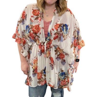 Women's Floral With Drawstring Waist Cardigan - White Birch