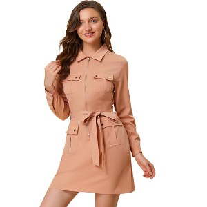 Allegra K Women's Roll Up Sleeves Multi-Pocket Mini Belted Shirt Dress - 1 of 4