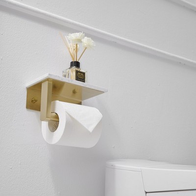 Brushed Gold Wall Mounted Toilet Paper Holder with Marble Shelf