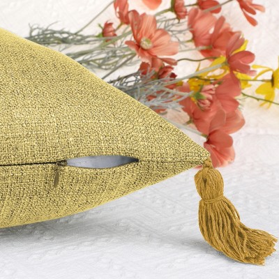 Yellow Linen Fringe Pillow Covers with Tassel Design, 18" x 18", Set of 2