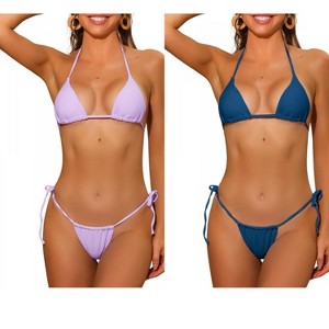 INSPIRE CHIC Women's Halter Tie Side Drawstring Thong Triangle Bottoms Basic Bikini Sets Swimsuits 2 Sets - 1 of 4