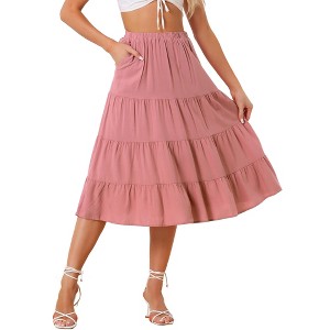 INSPIRE CHIC Women's Midi Solid Elastic Waist Flare Tiered A-Line Skirt with Pockets - 1 of 4