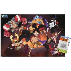 Trends International One Piece: Wano Country - Group Attack Unframed Wall Poster Print Clear Push Pins Bundle 14.725" x 22.375" - 1 of 4