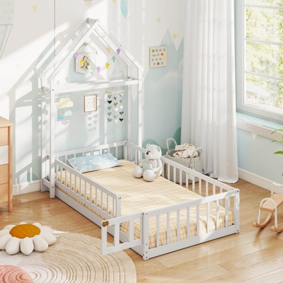 Safstar Twin Size House Floor Bed w/House-shaped Headboard Clothes Hanger without Slats