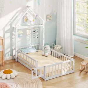 Safstar Twin Size House Floor Bed w/House-shaped Headboard Clothes Hanger without Slats - 1 of 4