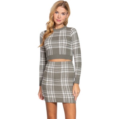 Slickblue Women's Tartan Check Sweater Knit Mini Skirt - Olive Ivory - Stretch Waistband, Size S-L
