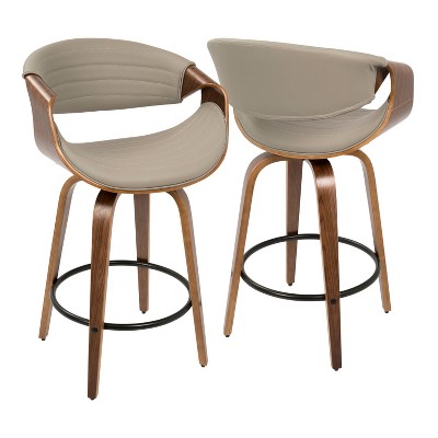 Set of 2 Gray Faux Leather Swivel Counter Stools with Walnut Wood