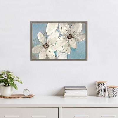 Silvia Vassileva Blue and Neutral Floral Canvas Print with Gray Frame