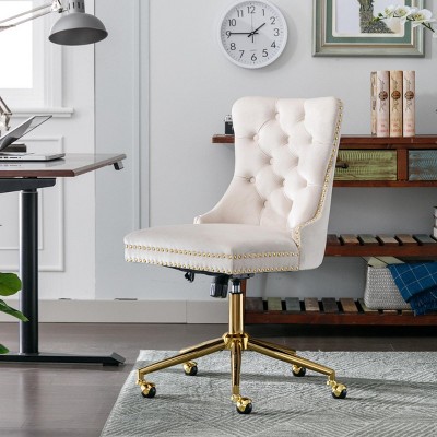 INFURNIC Task and Office Chairs Velvet Upholstered Tufted Button Swivel Chair with Golden Base for Home Office, Beige, 25.5"*19.7"*37.4"