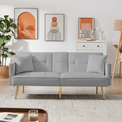 Velvet Futon Sofa Bed with Gold Metal Legs, 2 Pillows, Cup Holders and Side Pockets for Living Room