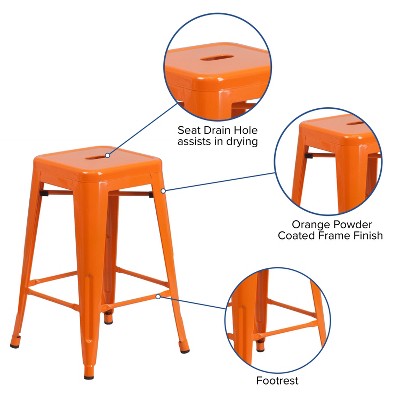 24'' Orange Metal Backless Counter Height Stool