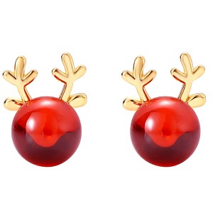 Rudolph Reindeer Earrings for Women 14KT Gold Plated Sterling Silver Post Red Glass Stud Ginger Lyne Collection - 1 of 4