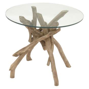 Log and Glass Round Accent Table Tan - Olivia & May