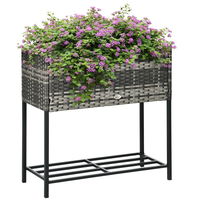 Outsunny Elevated Metal Raised Garden Bed with Rattan Wicker Look, Underneath Tool Storage Rack, Sophisticated Modern Design, 1 of 7
