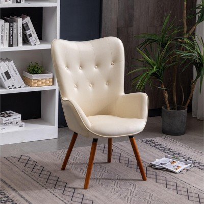 Elegant White Velvet Barrel Wingback Chair with Oak Finish